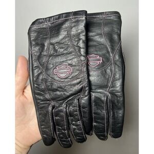 Harley Davidson Women's Black Leather Gloves W/Pink Embroidered Logo Sz Small